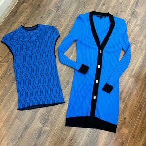 White House Black Market 2 Piece Cardigan Sweater Shirt Set Blue Black S Small